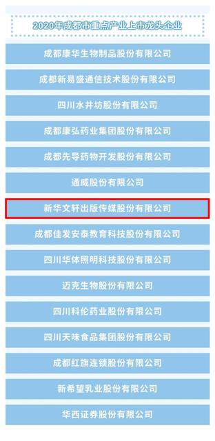 新华文轩入选“2020年成都市重点产业上市龙头企业”